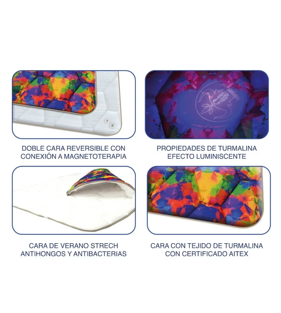 Detalles: doble cara reversible, turmalina luminiscente, cara verano antihongos, tejido AITEX — NEW TOPPER TURMALINA BIOELEKTRO