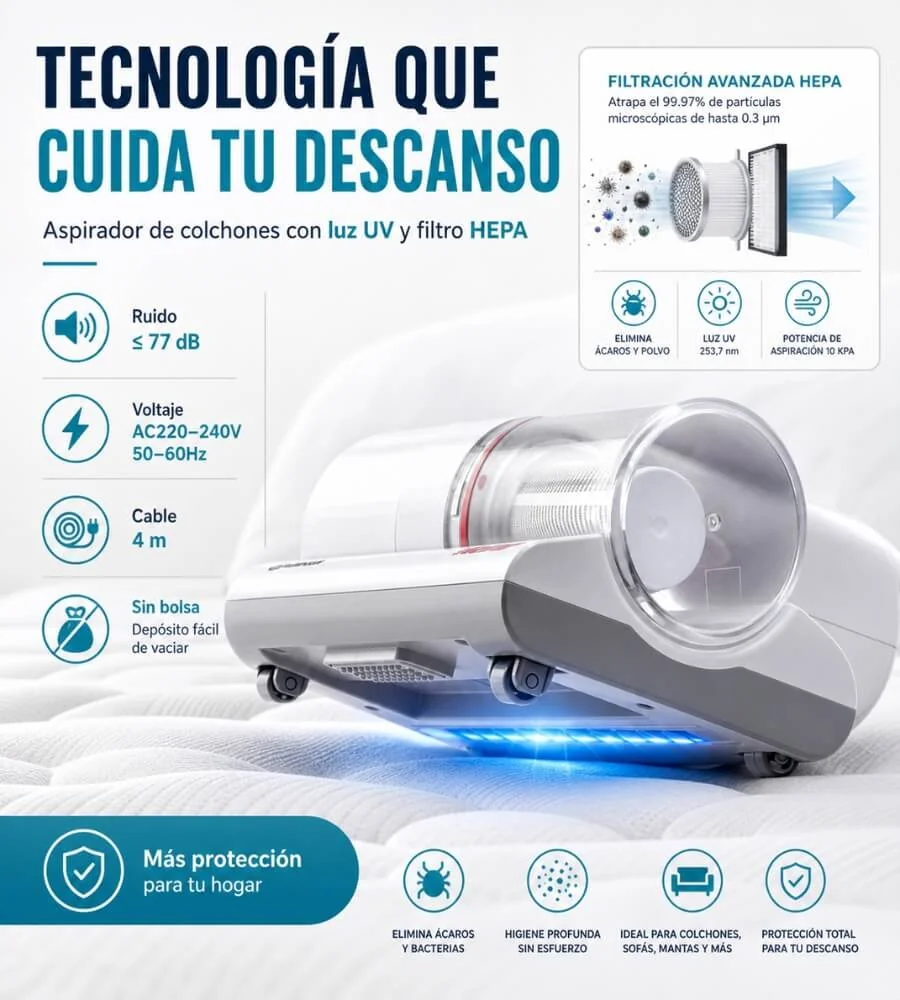 Aspirador Colchones UV — Motor 330W y vibración rítmica extracción profunda