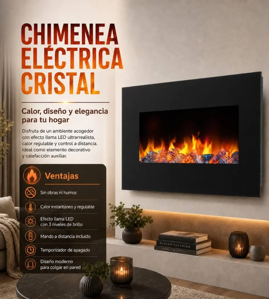 Chimenea Eléctrica Cristal — Efecto llama LED ultra realista 3 niveles brillo