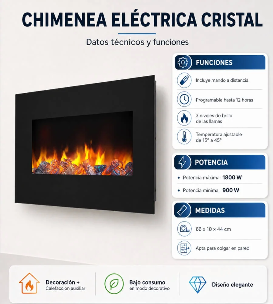 Chimenea Eléctrica Cristal — Calefacción 900W 1800W temperatura ajustable