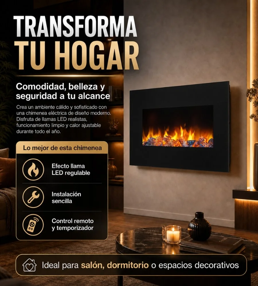 Chimenea Eléctrica Cristal — Instalación pared sin obras mando distancia temporizador