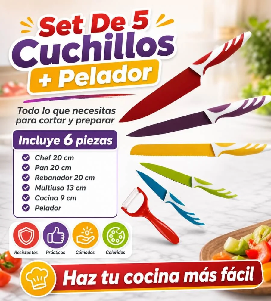 Set 5 Cuchillos + Pelador — Hoja acero inoxidable revestimiento y mango PP