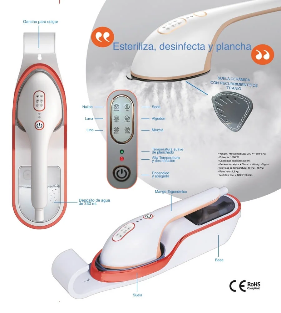 Plancha Portátil Multifunción con Vapor, Ozono y UV-C