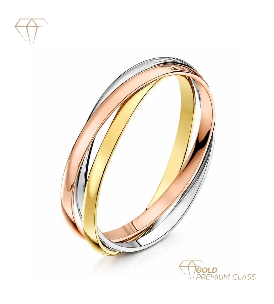 Alianza Tricolor Oro 18k Tres Aros Entrelazados Media Caña 2mm Estilo Cartier