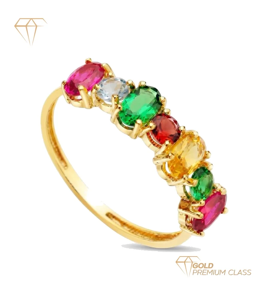 Anillo Arcoíris Oro Amarillo 18k 7 Circonitas de Colores en Garras