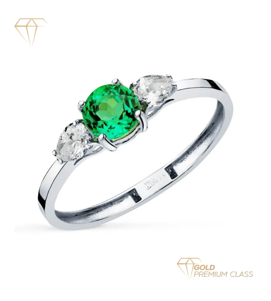 Anillo Esmeralda Oro Blanco 18k — 3 Piedras Esmeralda 2 Diamantes Talla Pera VS2