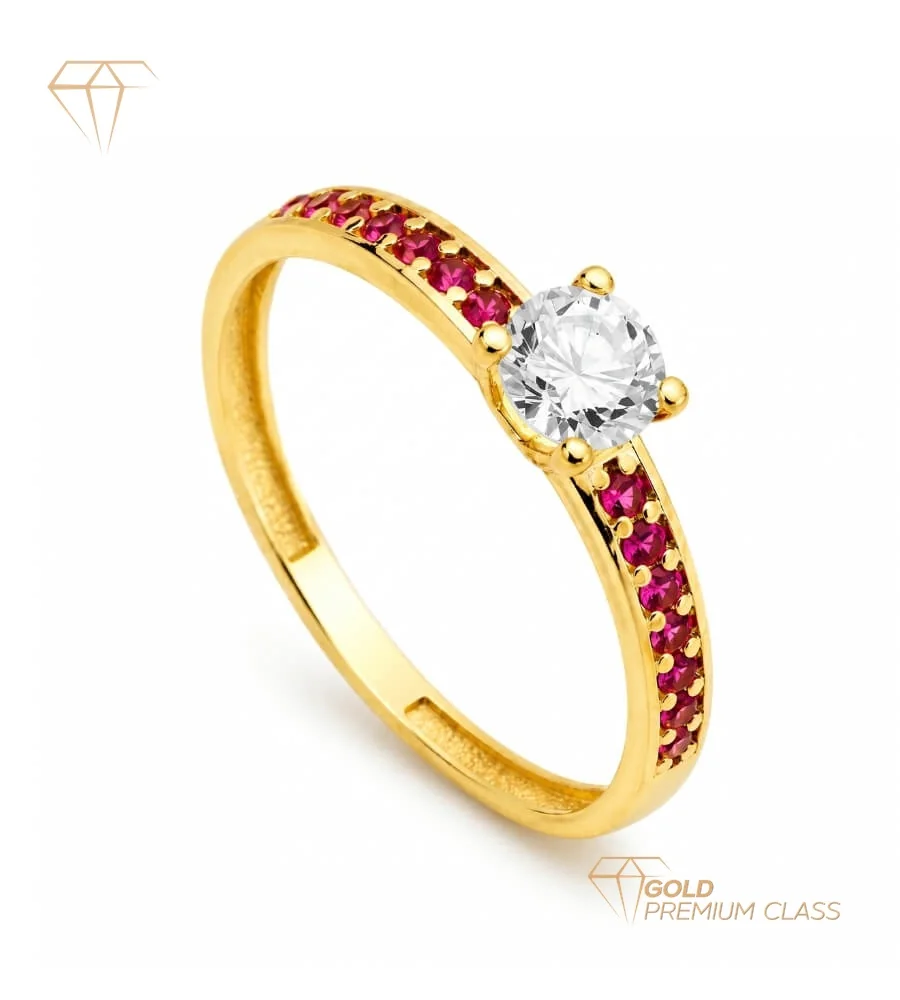 Anillo Estelar Oro Amarillo 18k — Solitario Circonita Blanca Circonitas Verdes