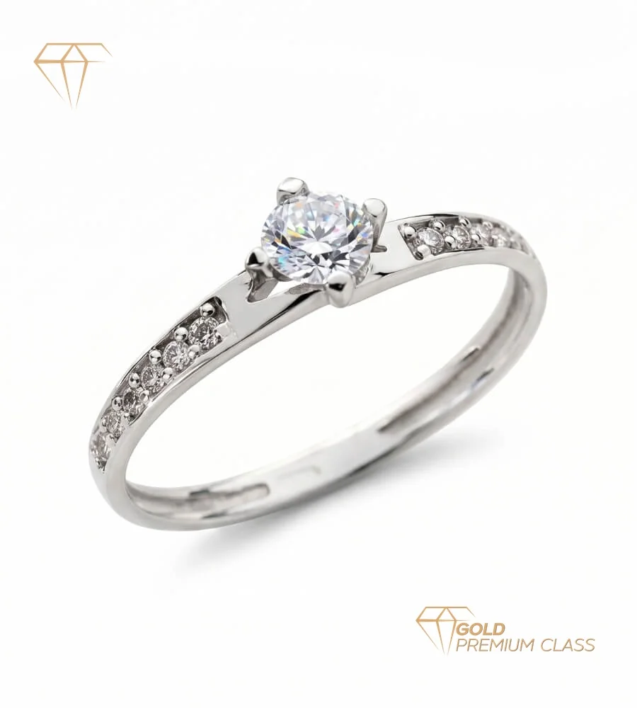 Anillo Lujo Eterno Oro 18k — Solitario Circonita Pavé Laterales