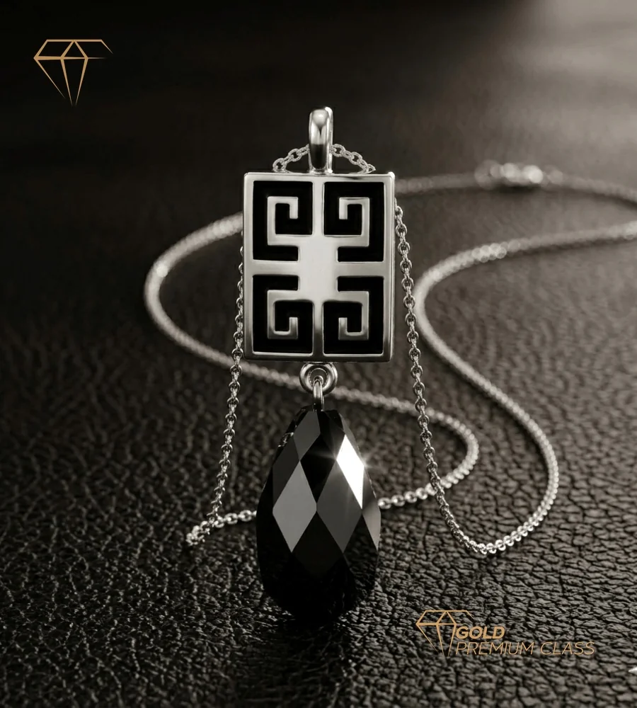 Colgante Ónix Pera Oro Blanco 18k Grecas — vista 4