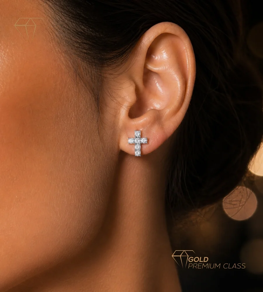 Pendientes Cruz Eterna Oro Blanco 9k — vista 3