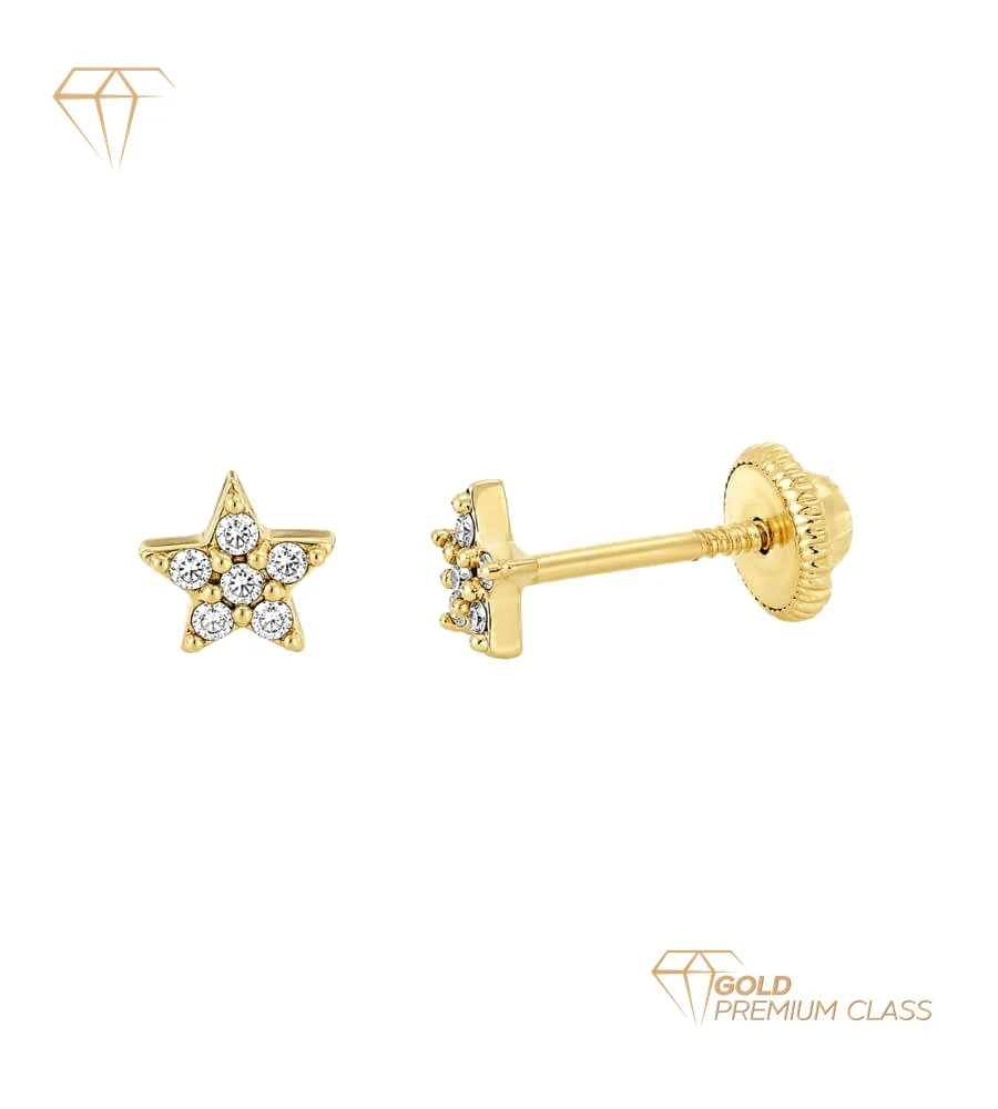 Pendientes Estrella Oro Amarillo 9k Diamantes 0,06cts Cierre Tuerca