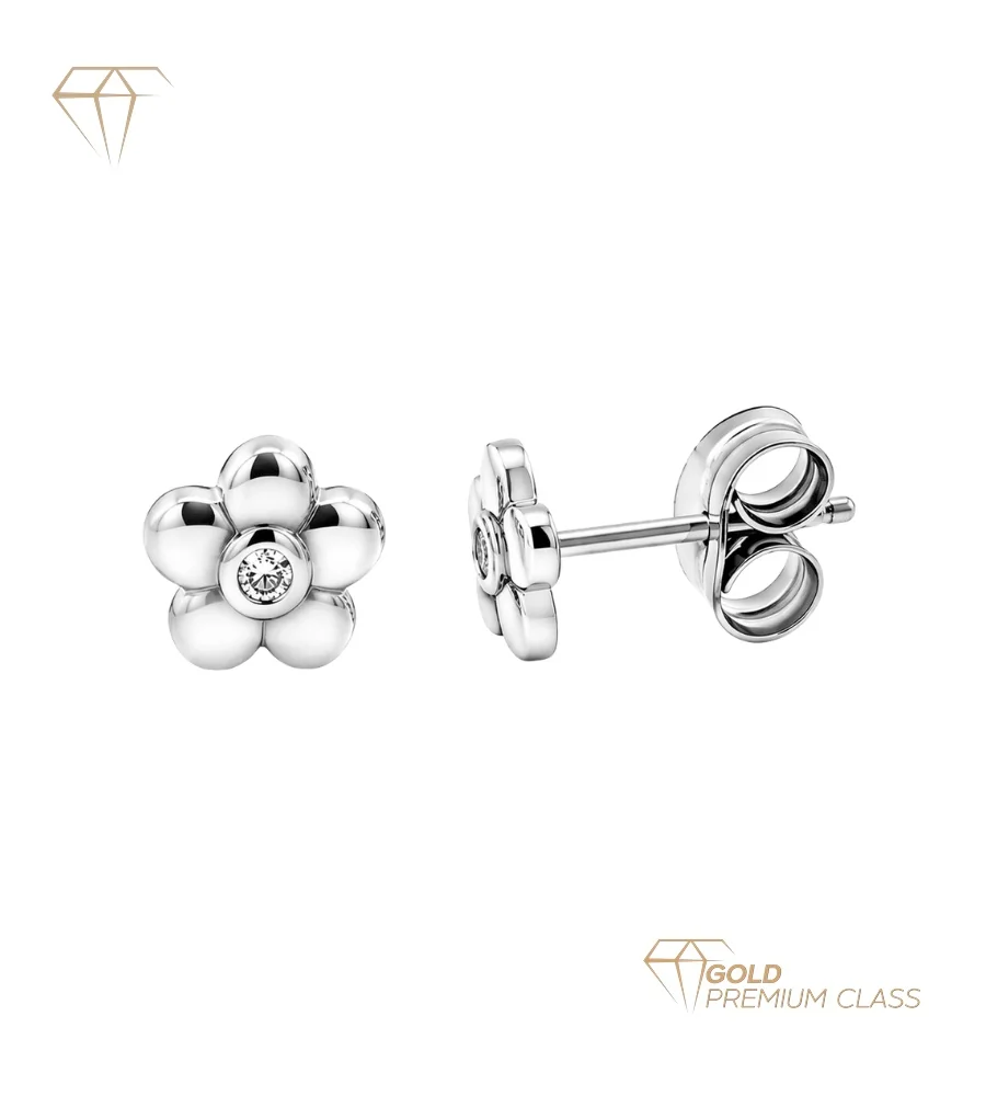 Pendientes Flor Oro Blanco 9k Diamante 0,016cts Cierre Presión 5mm