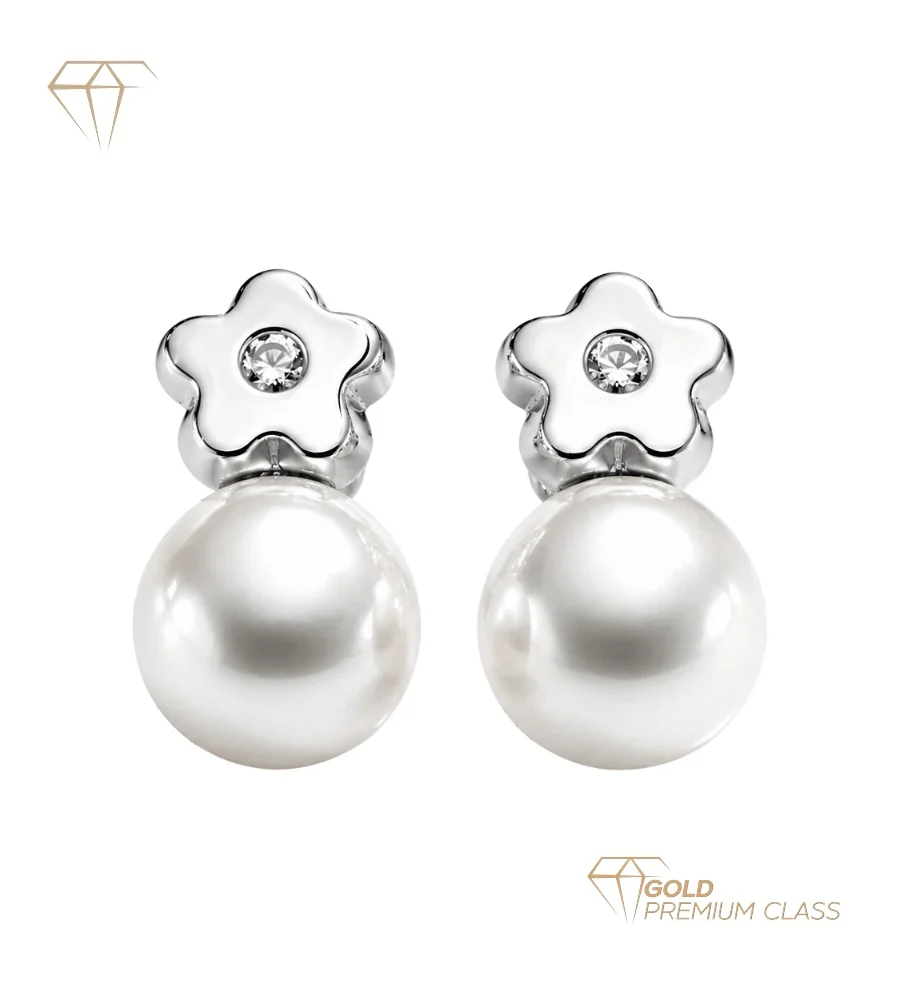 Pendientes Perla Oro Blanco 9k Diamantes 0,02cts Cierre Tornillo