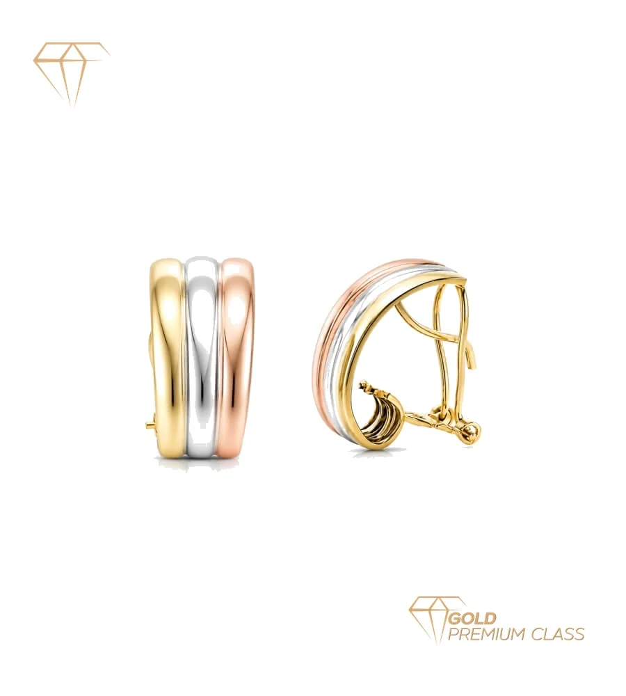 Pendientes Tricolor Oro 9k Tres Bandas Lisas 18x9mm Cierre Omega