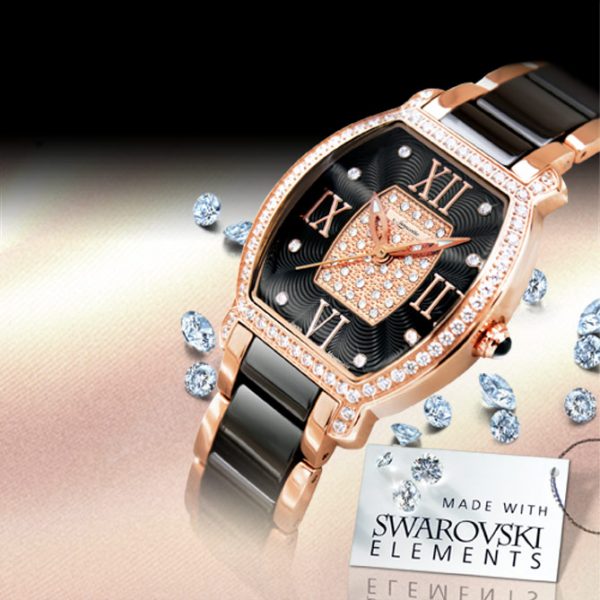 Reloj Esencia — Cerámica negra y acero acabado oro rosa con circonitas