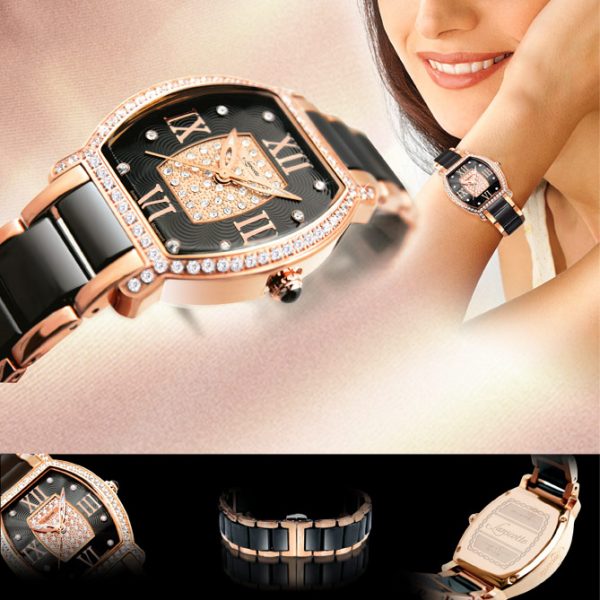 Reloj Esencia — Cerámica negra y acero acabado oro rosa con circonitas — Vista 2