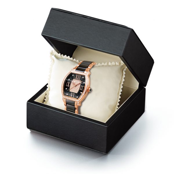 Reloj Esencia — Cerámica negra y acero acabado oro rosa con circonitas — Vista 3